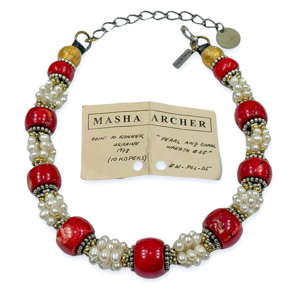 Masha Archer “Pearl and Coral Wreath #55” Beaded Necklace